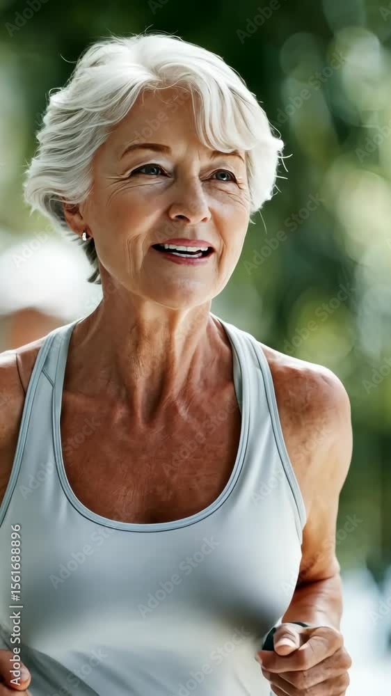 Older woman jogging in park, enjoying fitness routine and nature in sunny weather while motivated and active Older woman jogging in park, enjoying fitness routine and nature in sunny weather while motivated and active