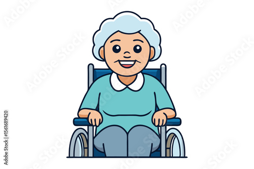Elderly Woman in Wheelchair: An illustrated elderly woman sits in a wheelchair, her gentle smile and kind eyes radiate warmth and care, a heartwarming scene of age and tranquility.