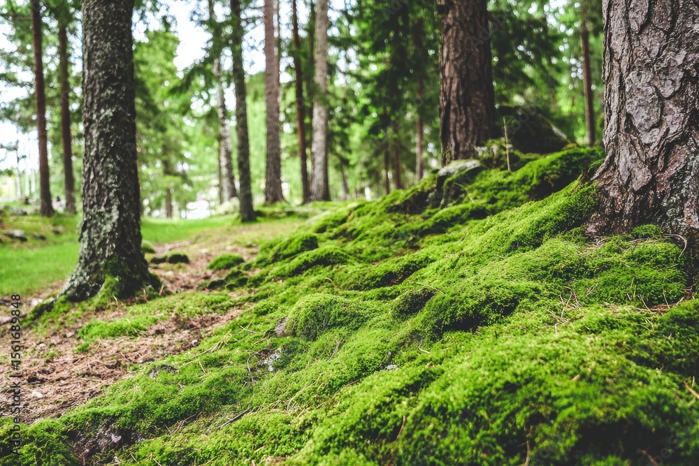 Fototapeta premium Lush green moss blankets forest floor, trees in background