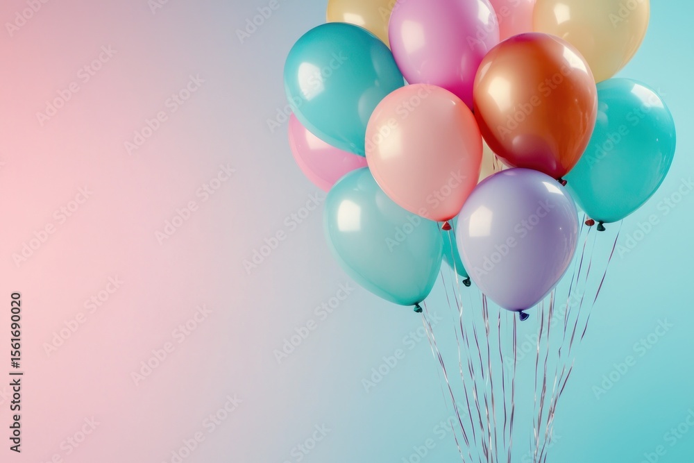 Multicolored helium balloons rising on a soft blue-pink gradient background Multicolored helium balloons rising on a soft blue-pink gradient background