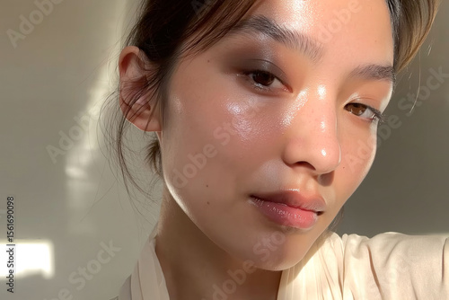 Close-Up of a Radiant Face with Natural Makeup in Soft Lighting