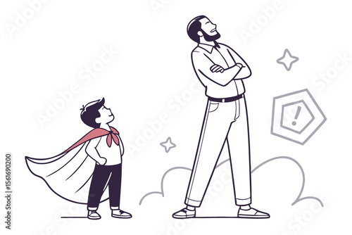 Father and Son: A heartwarming image of a father and son, the son dressed as a superhero, the father radiating strength, representing a special bond of mentorship and admiration.