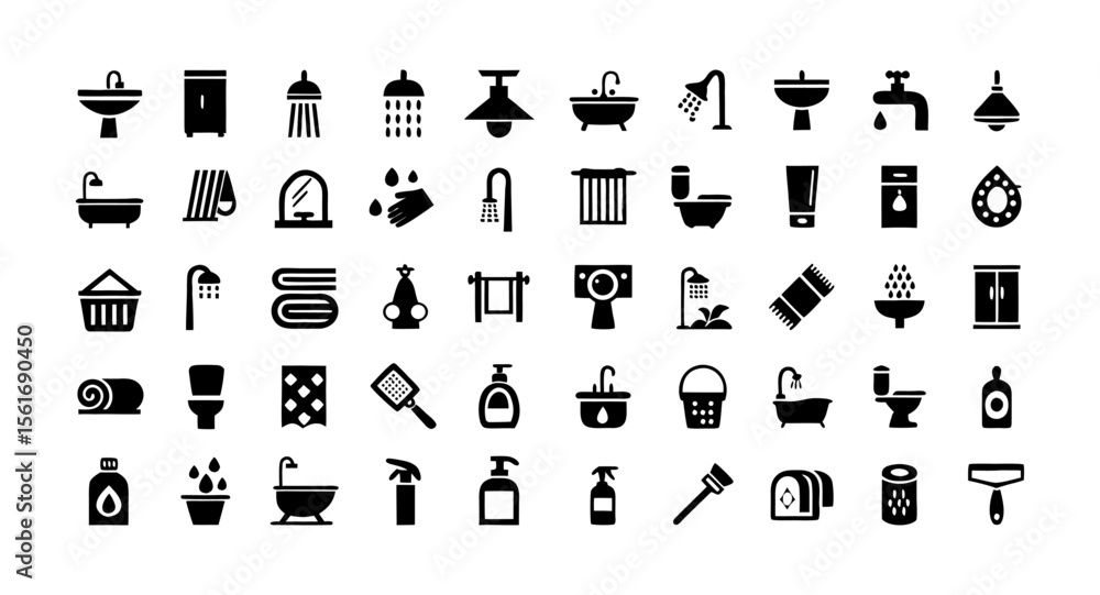 Fototapeta premium Bathroom Outline Icon Set – Editable Stroke Vector with Washbasin, Shower, Toilet, Plumbing, Mirror, Tap, Towel, Hygiene Products, and Bath Accessories