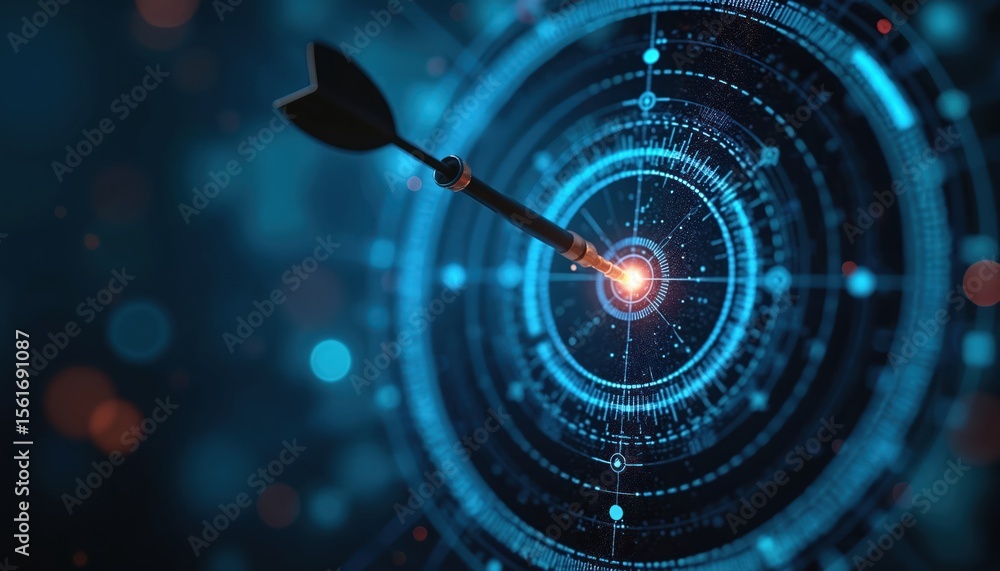 Arrow hits digital target bullseye. Futuristic tech design, represents success, achievement. Precision, accuracy, strategy, goal visualization, data, information, aim. Technology, business,