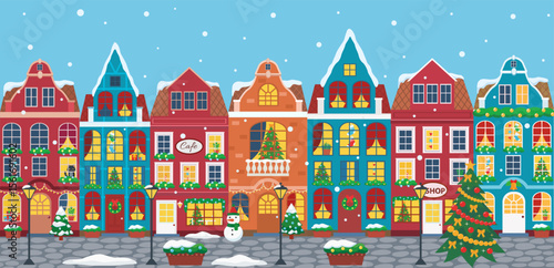 Vector illustration of european winter town. Flat design. Old houses.