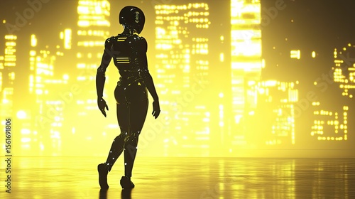 Futuristic robot in a city at night
