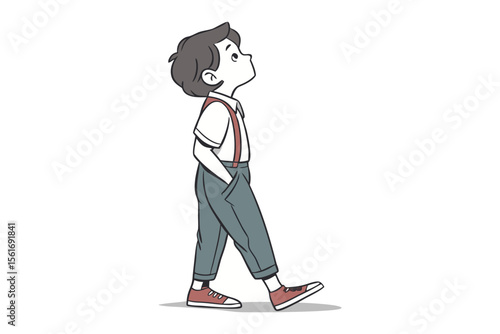 Daydreaming: A young boy gazes upward, lost in thought. He walks with a gentle stride, his posture and the details of his clothing hinting at a story.