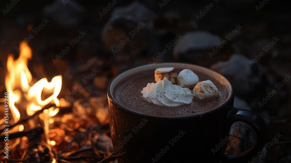 A cup of hot chocolate with slightly toasted marshmallows, set next to a warm campfire with a cozy nighttime glow. A cup of hot chocolate with slightly toasted marshmallows, set next to a warm campfire with a cozy nighttime glow.
