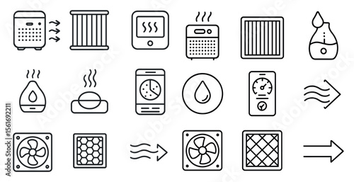 Series of icons for home appliances and devices, including a fan, a humidifier, and a toaster
