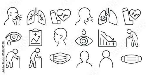Series of medical icons including a heart, a lung, a person with a mask, and a person with a cane