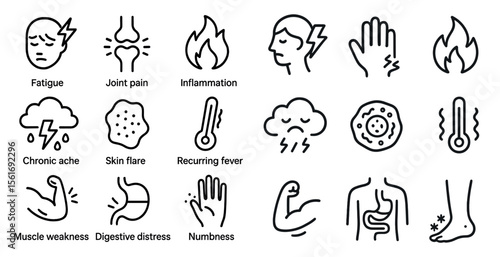 The image is a collection of various medical conditions and symptoms. The conditions include chronic ache, skin flare, muscle weakness, digestive distress, and numbness