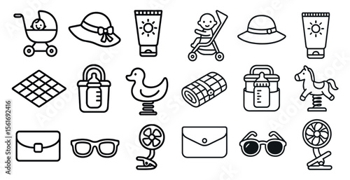 Collection of baby items and accessories, including a stroller, a baby carrier, a bottle, a blanket, a hat, a bag, a bottle, a toy, a fan, a cup, a bottle, a bottle, a bottle,