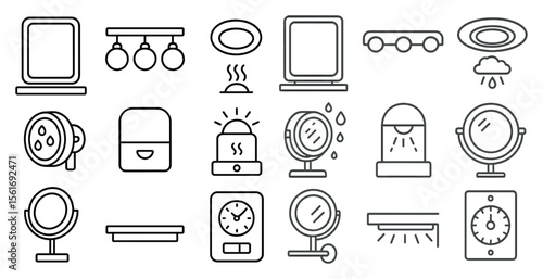 Collection of various home appliances and fixtures, including a clock, a mirror, and a light fixture