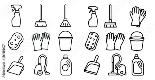 Set of cleaning supplies including a broom, mop, and bucket. Concept of cleanliness and organization