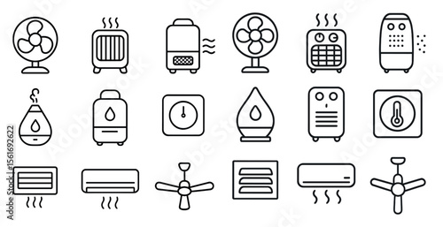Series of appliances and devices that are used for cooling and heating. The appliances include a fan, air conditioner, heater, and humidifier