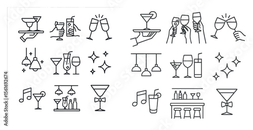 Series of images of glasses and drinks, including martinis, wine glasses, and cocktails. The images are stylized and arranged in a way that suggests a bar or a party scene