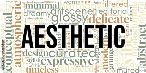 Trendy "Aesthetic" word cloud featuring soft, stylish, and curated visual terms. Ideal for design projects, mood boards, social media, and minimalist branding