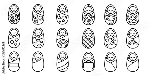 Collection of baby-themed eggs with different designs and colors. The eggs are all smiling and have a cute, innocent appearance