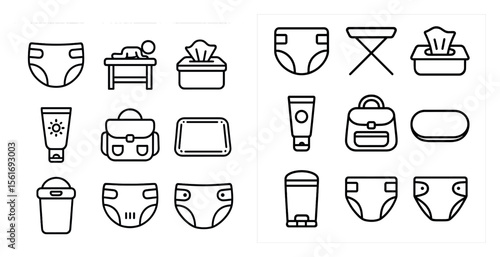 Set of baby items including diapers, wipes, and a bottle. The items are arranged in a grid, with each item having a different size and shape. Scene is playful and cute