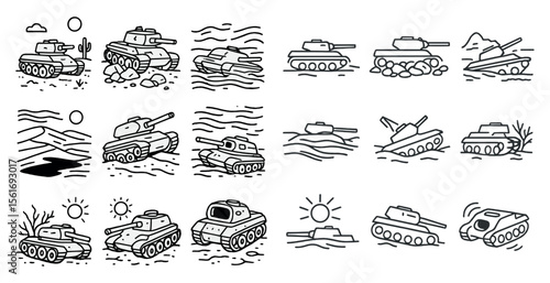 Series of black and white drawings of tanks in various positions. The mood of the images is serious and intense, as they depict the power and destruction of war