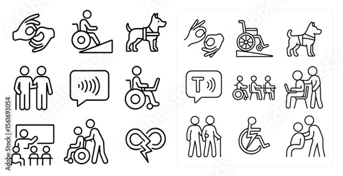 Series of icons depicting people and animals interacting with each other. The icons include a person with a dog, a person with a wheelchair, and a person with a cane. Scene is one of inclusivity