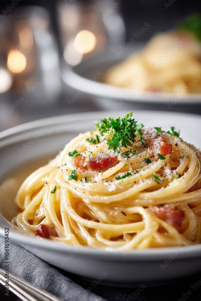 Indulge in spaghetti carbonara garnished with parmesan and black pepper for a memorable dining experience Indulge in spaghetti carbonara garnished with parmesan and black pepper for a memorable dining experience