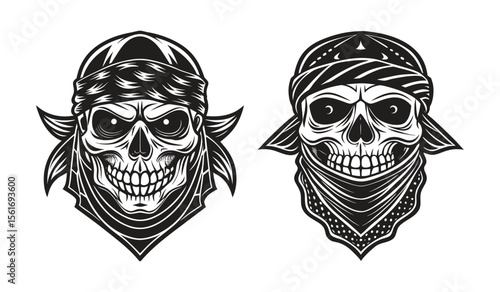Monochrome Skull Wearing Patterned Bandana on Head in Silhouette Style with Bold Striking Design