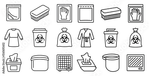 Collection of symbols representing various household items, such as a brush, a trash can, and a TV