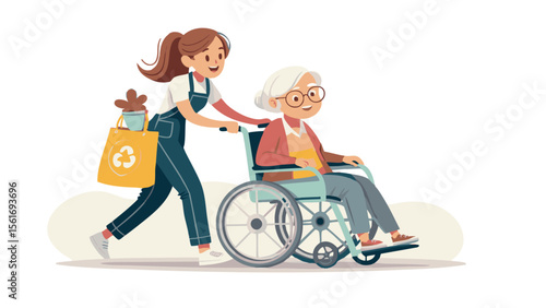Young Caregiver Assisting Elderly Woman in Wheelchair Vector Illustration