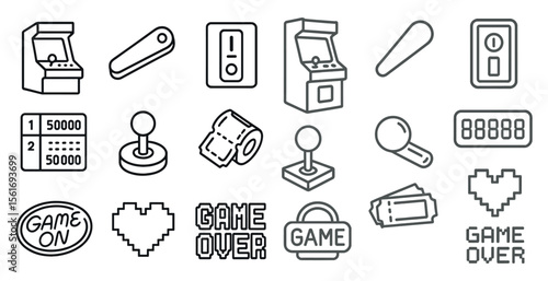 Collection of game symbols and icons, including a heart, a game over sign, and a ticket