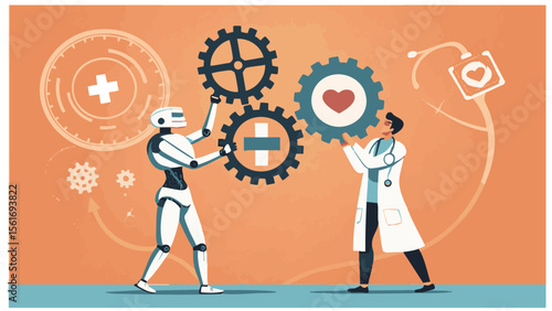 Healthcare Robot and Human Doctor Working Together Vector Illustration