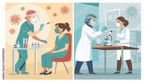 COVID-19 Testing, Vaccination, and Laboratory Research Vector Illustration