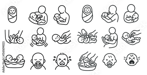 Series of black and white drawings of a baby being held by a parent. The drawings show various stages of the baby's life, including being held, being fed, and being put to sleep