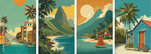 Brazil vintage style travel poster set. Collection of scenic art deco retro tourism illustrations