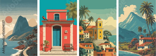 Brazil vintage style travel poster set. Collection of scenic art deco retro tourism illustrations