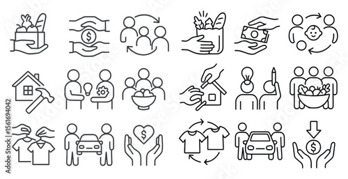 Series of icons depicting various acts of kindness and generosity. The icons include people holding hands, giving money, and helping others. Scene is one of warmth and compassion