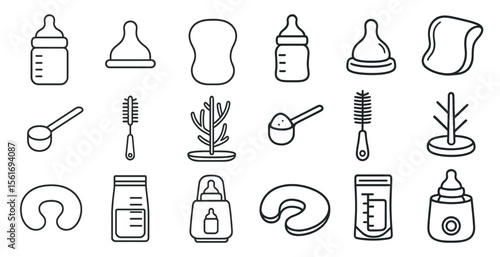 Set of baby items including bottles, spoons, and other baby accessories. The image is in black and white and has a minimalist style