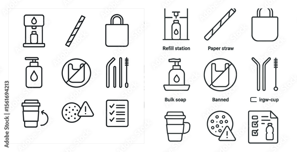 Fototapeta premium Set of icons for a coffee shop. The icons include a cup, a cookie, a straw, a bag, a bottle, a soap dispenser, and a paper towel dispenser. The icons are arranged in a grid
