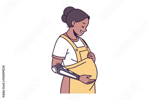 Pregnant Woman with Prosthetic Arm: A heartwarming illustration of a smiling pregnant woman with prosthetic arm gently cradles her baby bump.