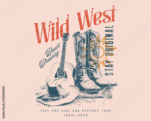 Western rodeo vintage cowboy hat cap vector with typography design, Cowboy western and wild west theme. Hand-drawn vector. beautiful pattern for fashion design vector illustration, Arizona desert