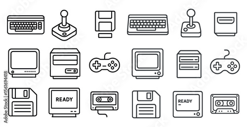Set of icons for various video game controllers and devices. The icons are all in black and white and include a joystick, a keyboard, a game controller, and a floppy disc. Scene is nostalgic