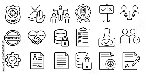 Series of icons that include a hand, a heart, a key, a sign, a person with a pen, a person with a clipboard, a person with a gavel, a person with a badge, a person with a gavel,