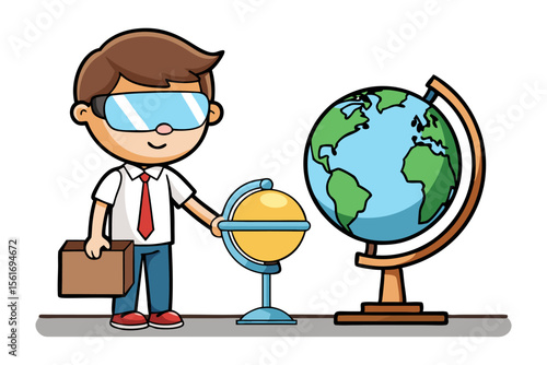 Young explorer and globe concept: A cheerful young explorer, immersed in a virtual world using augmented reality glasses, stands before a globe, embodying the spirit of discovery and exploration.