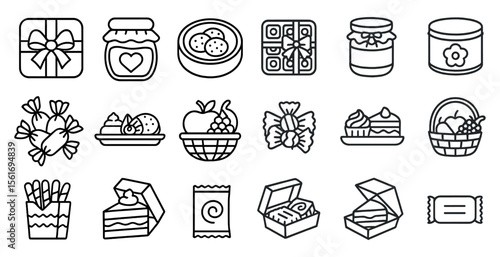 Collection of food items including a cake, a sandwich, a cookie, and a bowl of fruit