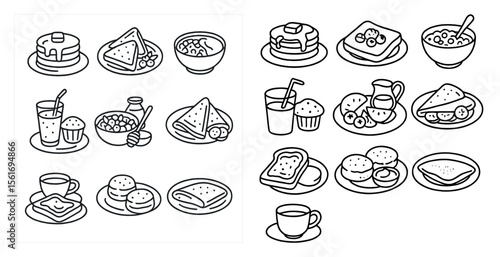 Set of food illustrations with a cup of coffee and a cup of tea. The illustrations include a variety of breakfast foods such as toast, muffins, and pancakes