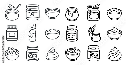 Collection of food items in jars and bowls, including honey, peanut butter, and jelly. The jars and bowls are arranged in a line, with some overlapping each other