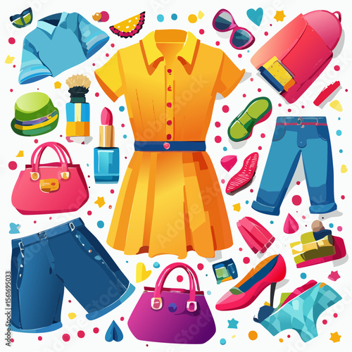 fashion flat lay with bold, saturated clothing items and accessories on a vibrant background