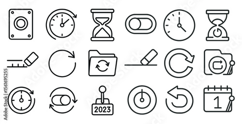 Collection of icons that include a clock, a calendar, and a scale. The icons are all in black and white and are arranged in a grid