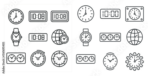 Collection of clocks with the time 10:00. The clocks are all lined up and are all the same size