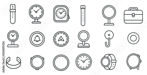 Collection of clocks and watches in a line. The clocks are of various sizes and shapes, and the watches are of different styles. Scene is that of a collection of timepieces